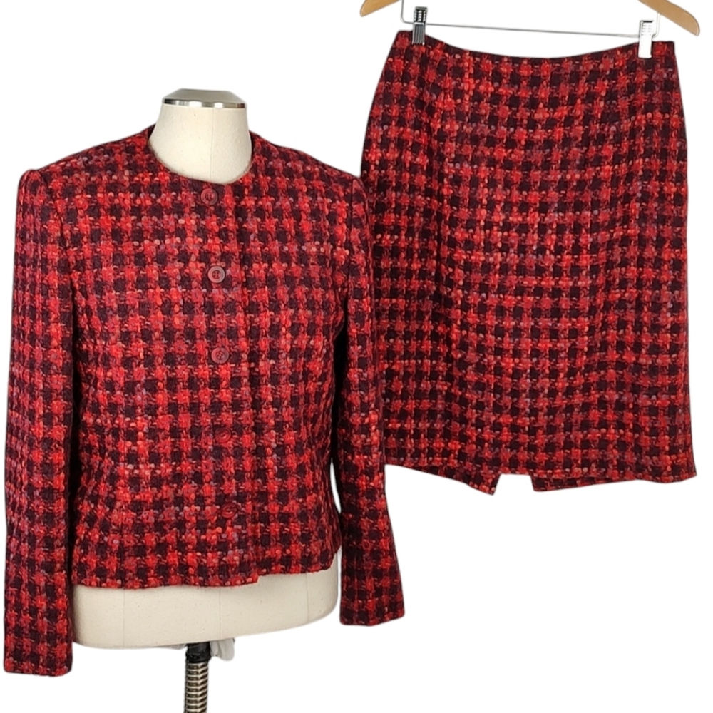 Y2K Tweed Wool Blend 2 Piece Suit Blazer Skirt Set Lined Size 12 Jones NY